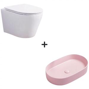 Set vas wc rimless cu capac soft close Oslo plus lavoar baie oval roz mat