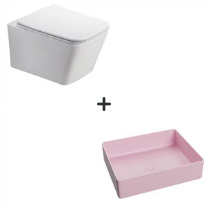 Set vas wc rimless cu capac soft close Paris plus lavoar baie dreptunghiular roz mat