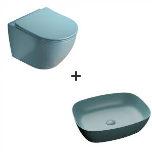 Set vas wc rimless cu capac soft close plus lavoar baie cu margini rotunjite verde turcoaz mat