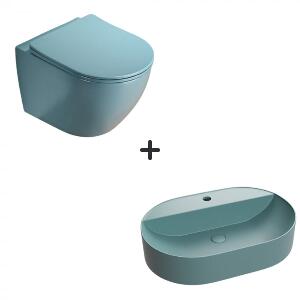 Set vas wc rimless cu capac soft close plus lavoar baie cu orificiu baterie verde turcoaz mat