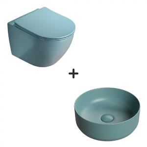 Set vas wc rimless cu capac soft close plus lavoar baie rotund verde turcoaz mat