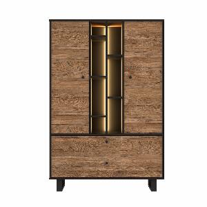 Cabinet din metal si pal, cu 2 sertare, 2 usi si LED inclus Sedna Tall Stejar / Negru, l104,9xA42xH157 cm