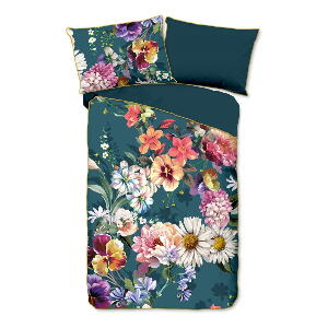 Lenjerie de pat din bumbac organic pentru pat dublu Descanso Sunflower, 200 x 200 cm, albastru petrol