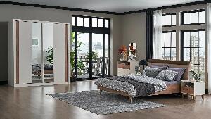 Set Mobila Dormitor din pal, cu pat 200 x 180 cm, 6 piese Mayer Alb / Natur