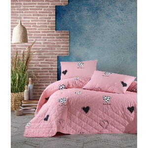 Cuvertură de pat cu 2 fețe de pernă din bumbac ranforce EnLora Home Hati, 225 x 240 cm, roz
