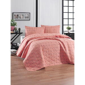 Cuvertură de pat cu față de pernă din bumbac ranforce EnLora Home Piga, 180 x 225 cm, roz