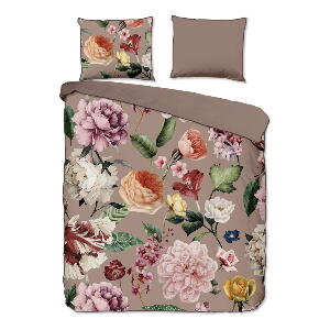 Lenjerie de pat din bumbac organic pentru pat dublu Descanso Flowery, 200 x 200 cm, gri - maro