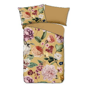 Lenjerie de pat din bumbac organic pentru pat dublu Descanso Flowery, 200 x 220 cm, galben