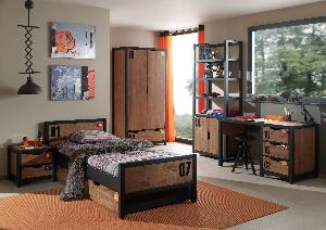 Set Mobila dormitor din lemn de pin si MDF, pentru copii 6 piese Alex Natural / Negru, 200 x 90 cm