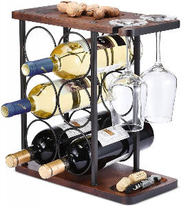Suport pentru sticle de vin Ouseen, lemn/metal, maro/negru, 34,5 x 16,5 x 34,5 cm