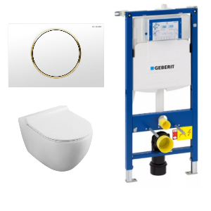 Set rezervor Geberit Sigma cu vas WC suspendat Fluminia Minerva Alb si clapeta alb-auriu