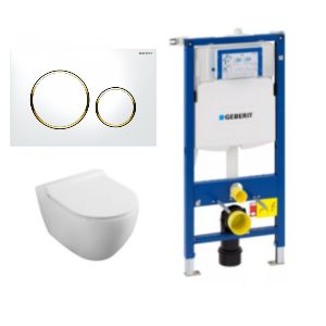 Set rezervor Geberit Sigma cu vas WC suspendat Fluminia Minerva Alb si clapeta alb-auriu