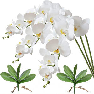 Set de 3 flori artificiale FagusHome, plastic/poliuretan, alb/verde, 82 cm