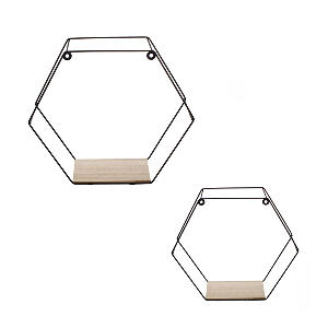 Set 2 rafturi decorative, 30 x 6.5 x 23 cm/26 x 9.5 x 23 cm, metal, baza lemn, forma hexagonala, maxim 3 kg
