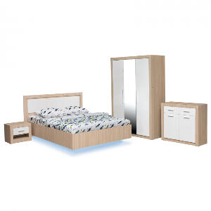 Set dormitor OSLO, 5 piese, pat 160x200 cm cu banda led, dulap 3 usi, comoda, 2 noptiere, kiruna + alb lucios